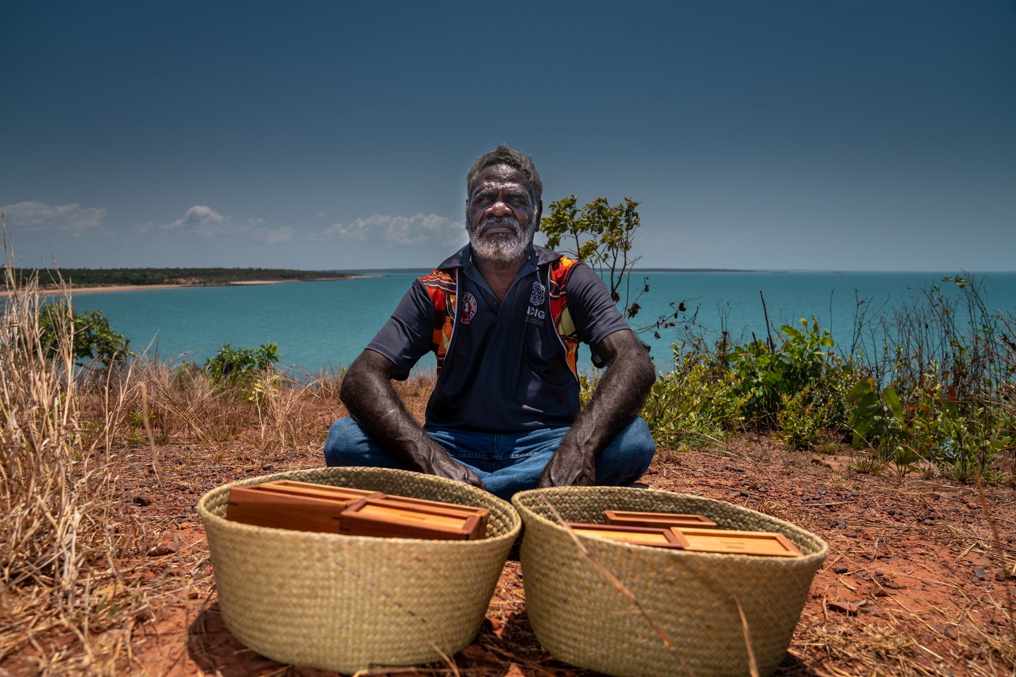 Image: Chairperson of Yalu and Yolngu man, Ross Mandi Wunungmurra, with the samples on Galiwin'ku. Photo: Jamie Kidston, ANU Media Supplied by ANU