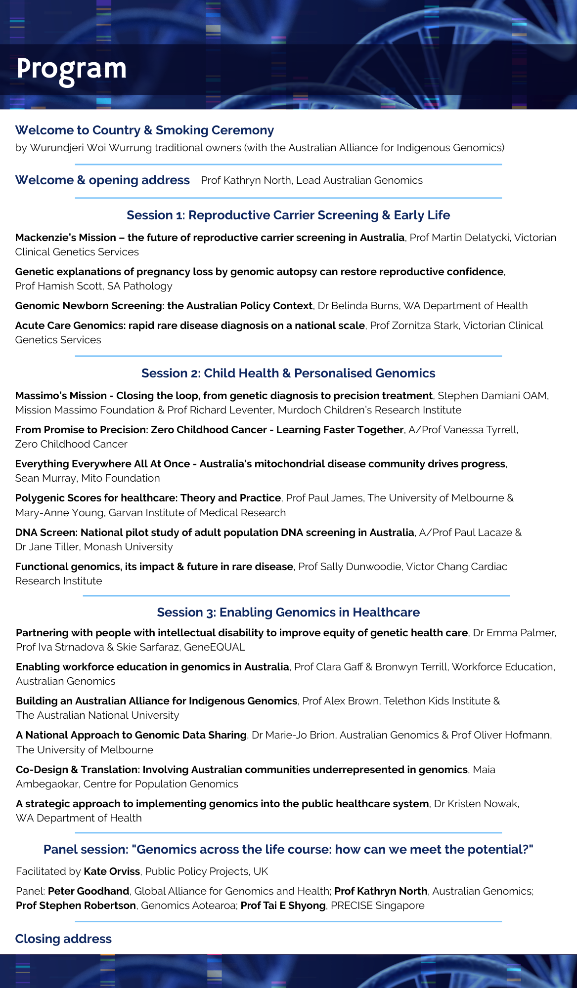 Program for the Australian Genomics Summit, Sunday 16 July 2023.